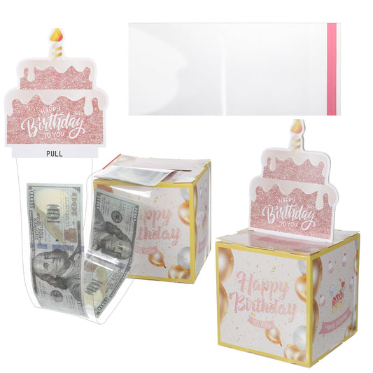Birthday Money Pull Box for Cash Gift with Pull out Cake Card and 50PCS Self-Adhesive Clear Bags,Surprise Gift Box for Any Age, Fun Ways to Give Cash, Party Decor Ideas-Pink(With Instructions)