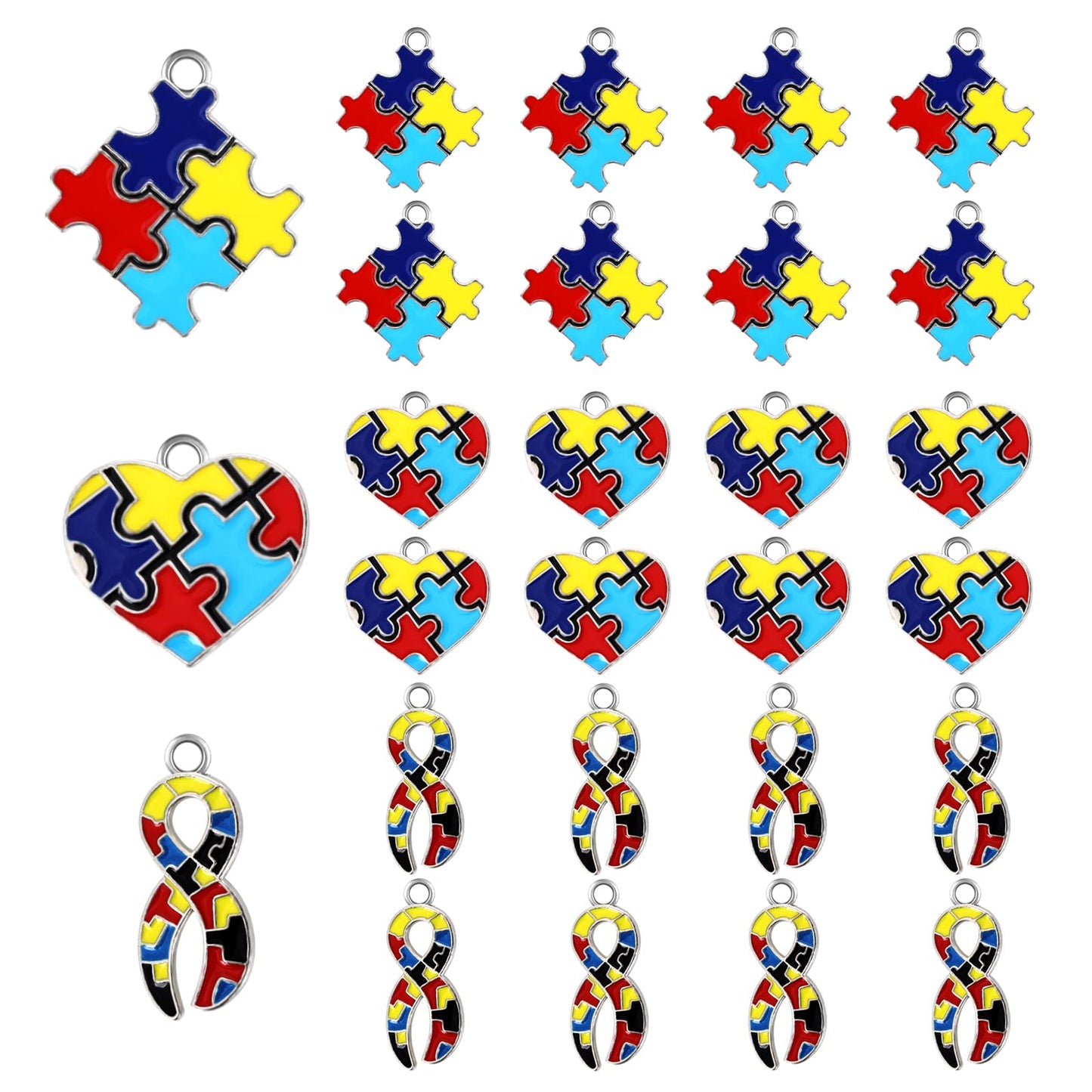 Yolev 24 Pieces Autistic Awareness Pendants Ribbon Heart Square with Puzzle Shape Charms for DIY Jewelry Necklace Bracelet Key Chain Crafts Decorations Making Supplies