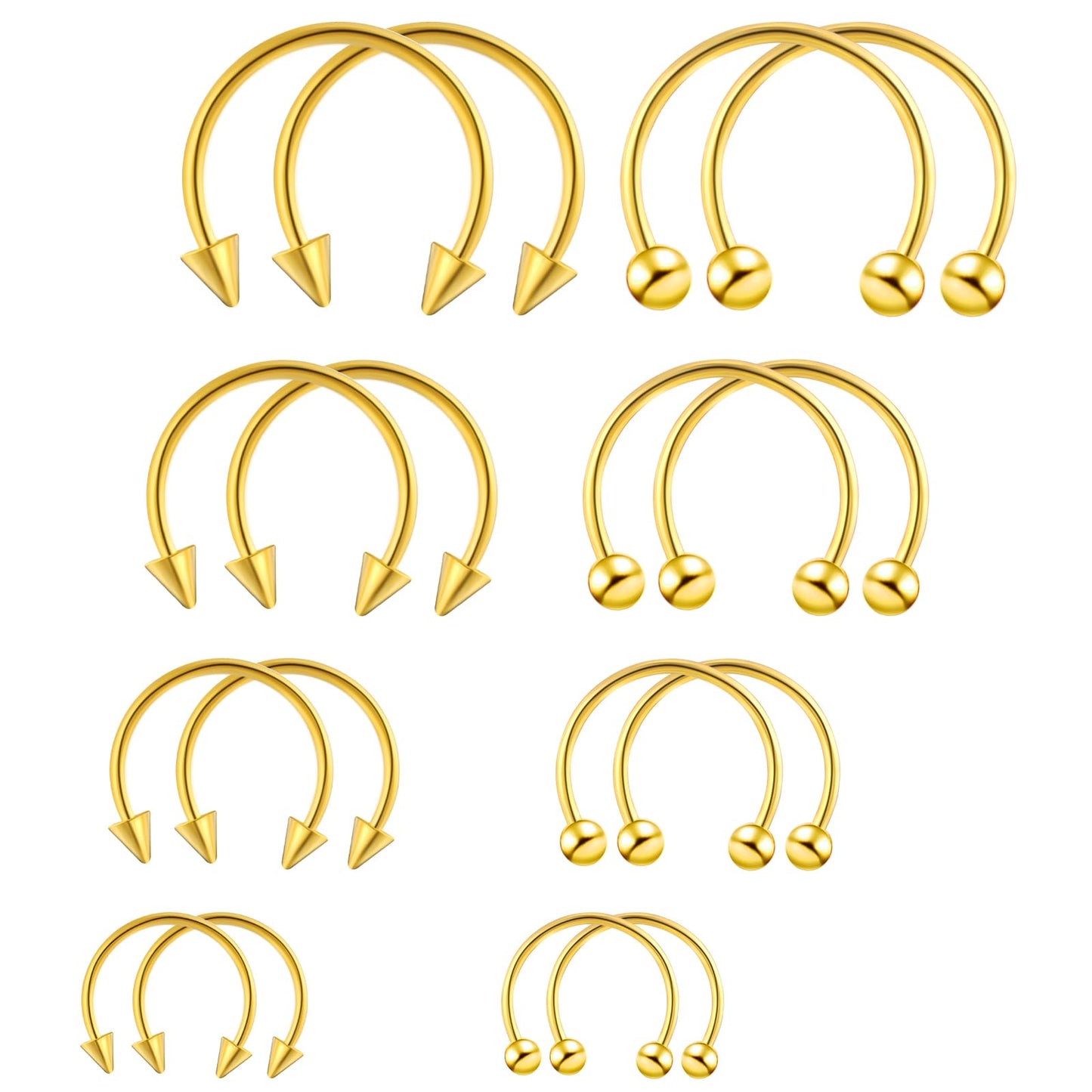 Tucnoeu 16pcs Septum Nose Rings 16 Gauge Nose Ring Multiple Different Sizes Horseshoe Nose Ring,Stainless Steel Septum Ring for Men and Women (gold)