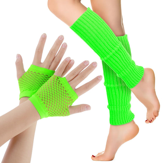 Neon Leg Warmers and Fishnet Gloves Set 80s Accessories for Women Stretchy Neon Clothes Femboy Clothing for Party Costume and Sports Yoga Supplies(fluorescent green)