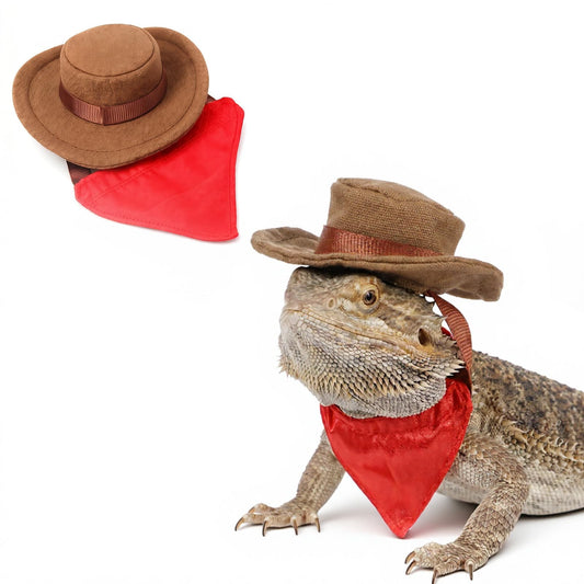 Bearded Dragon Costume - Adjustable Bearded Dragon Cowboy Hat and Red Bandana Scarf Lizard Outfits Halloween Costume Photo Props for Gecko Chameleon Small Animal Reptile