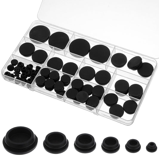 62 Pcs Silicone Plugs, 6 Sizes Black Silicone Plugs for Round Holes, Furniture Hole Covers, Snap Locking Design, Cabinet, Chair, Table Protection