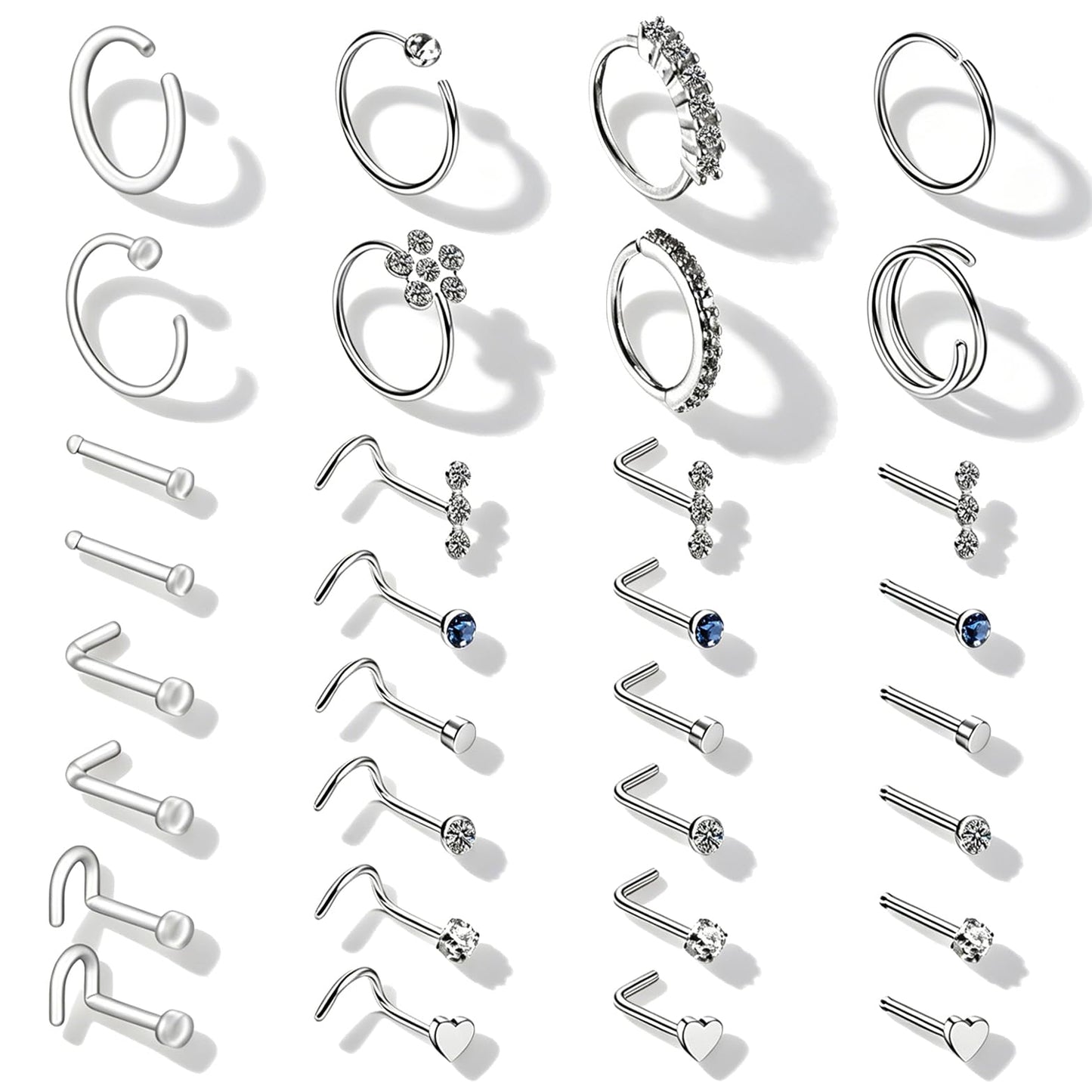 32PCS 20G Nose Rings Stud Set Anti-sensitive Stainless Steel 3 Styles