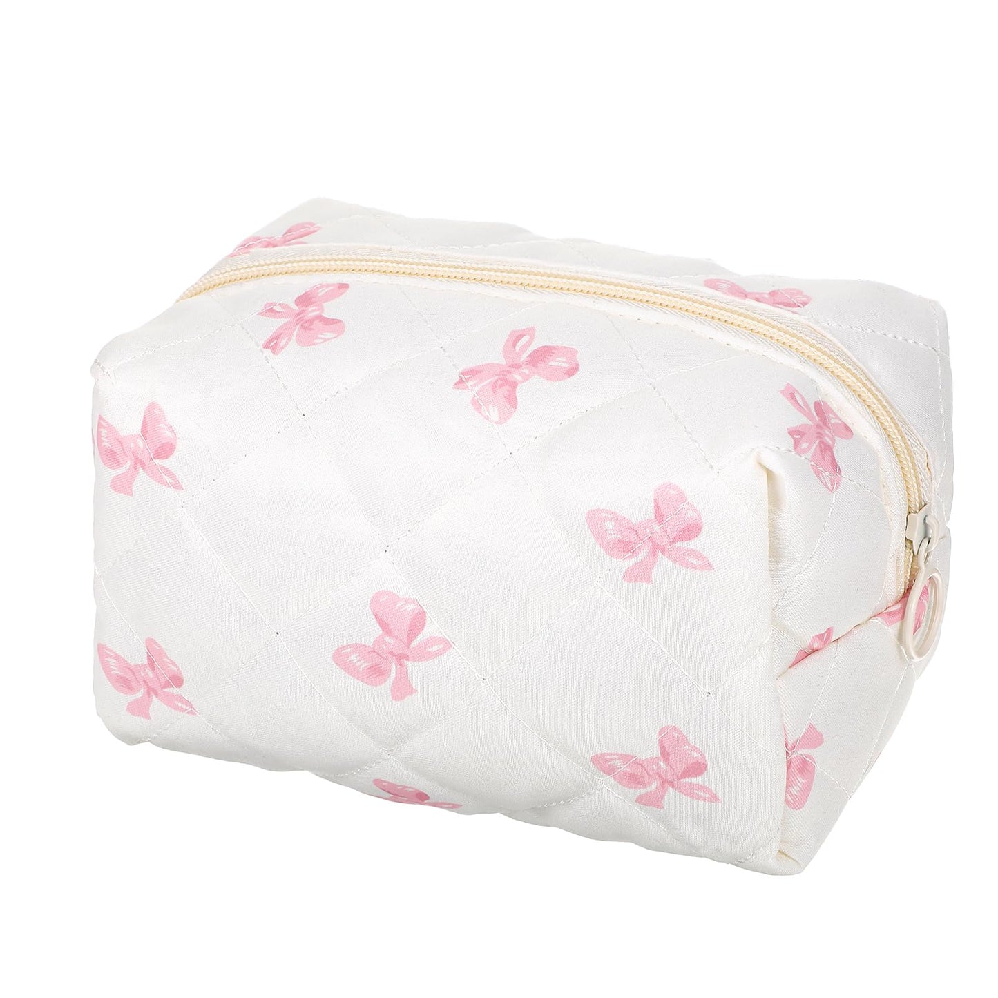 HaiFafafaing Quilted Makeup Pouch Cotton Pink Bow Quilted Makeup Bag For Women Girls Coquette Aesthetic Travel Toiletry Bag Zipper Pouch Organizer Pouches
