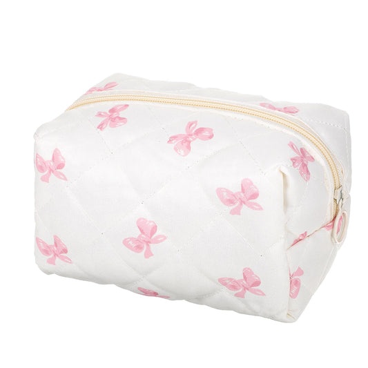 HaiFafafaing Quilted Makeup Pouch Cotton Pink Bow Quilted Makeup Bag For Women Girls Coquette Aesthetic Travel Toiletry Bag Zipper Pouch Organizer Pouches