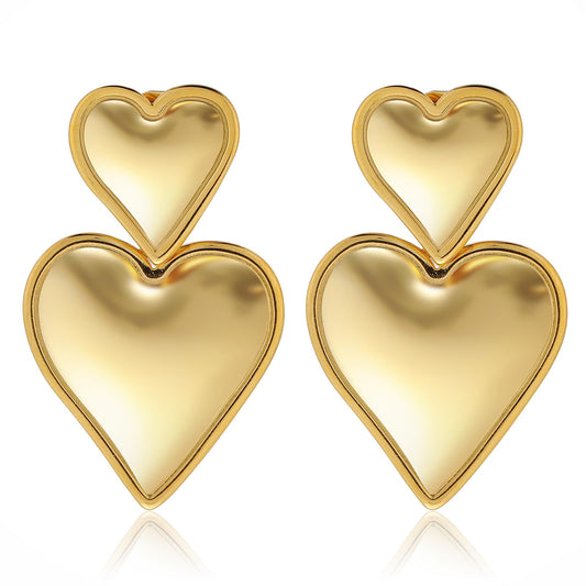 Gold Heart Drop Earrings 18K Gold Double Heart Dangle Earrings Chunky Gold Heart Earrings Puffy Heart Statement Earrings for Women Girls
