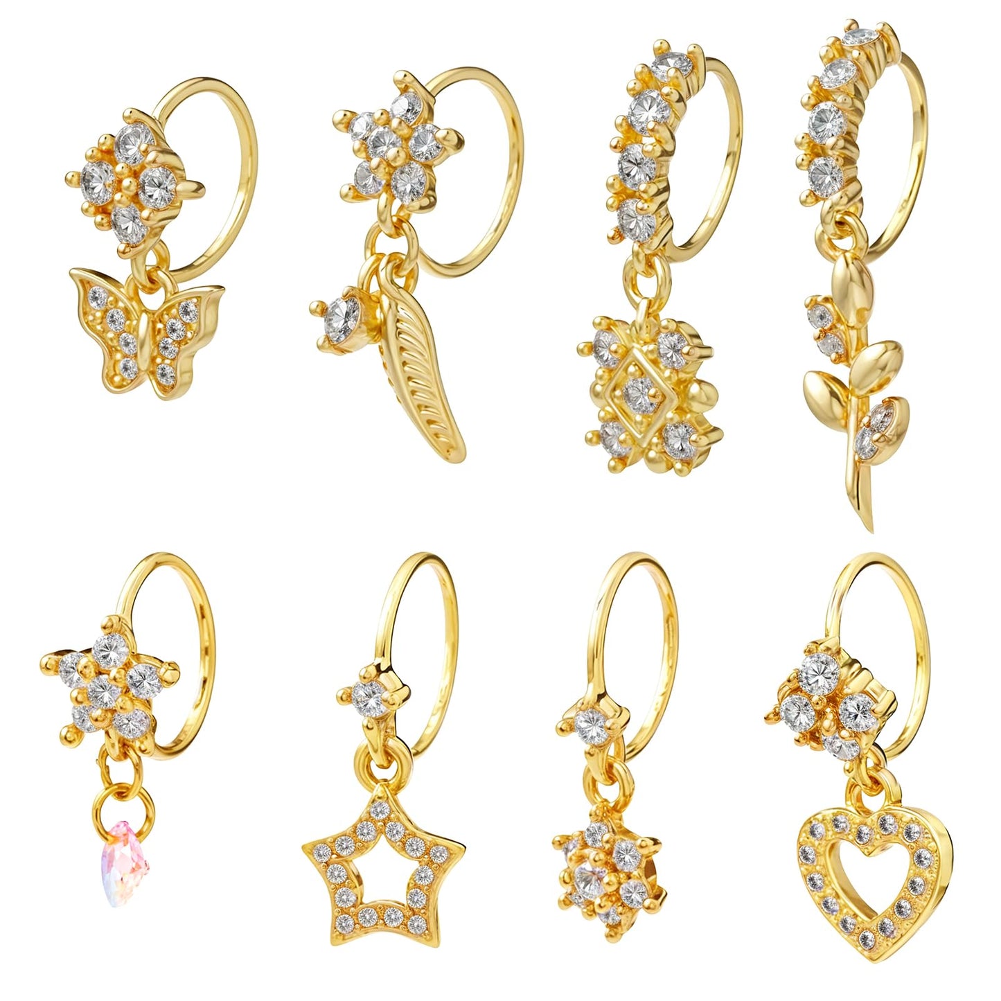 Telooco 8Pcs Dangle Nose Ring 20G Cubic Zirconia Butterfly Star Heart Flower Leaf Gold Dangly Nose Rings Hoop Cute Piercing Jewelry for Women