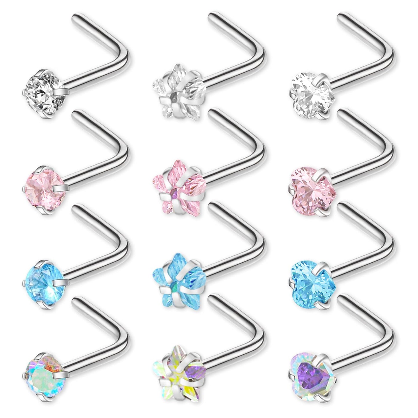 Yolev 12pcs Nose Rings Hypoallergenic Stainless Steel L-Shaped Nose Stud Screws with Cubic Zirconia Nose Piercing Jewellery for Women Men L Shape Czech Crystal Small Nose Piercing Set