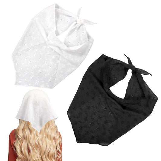 Lace Triangle Head Scarf Headband For Women, Adjustable Tie-Back Bandana, Floral Cutout Design, Black White Hair Accessories