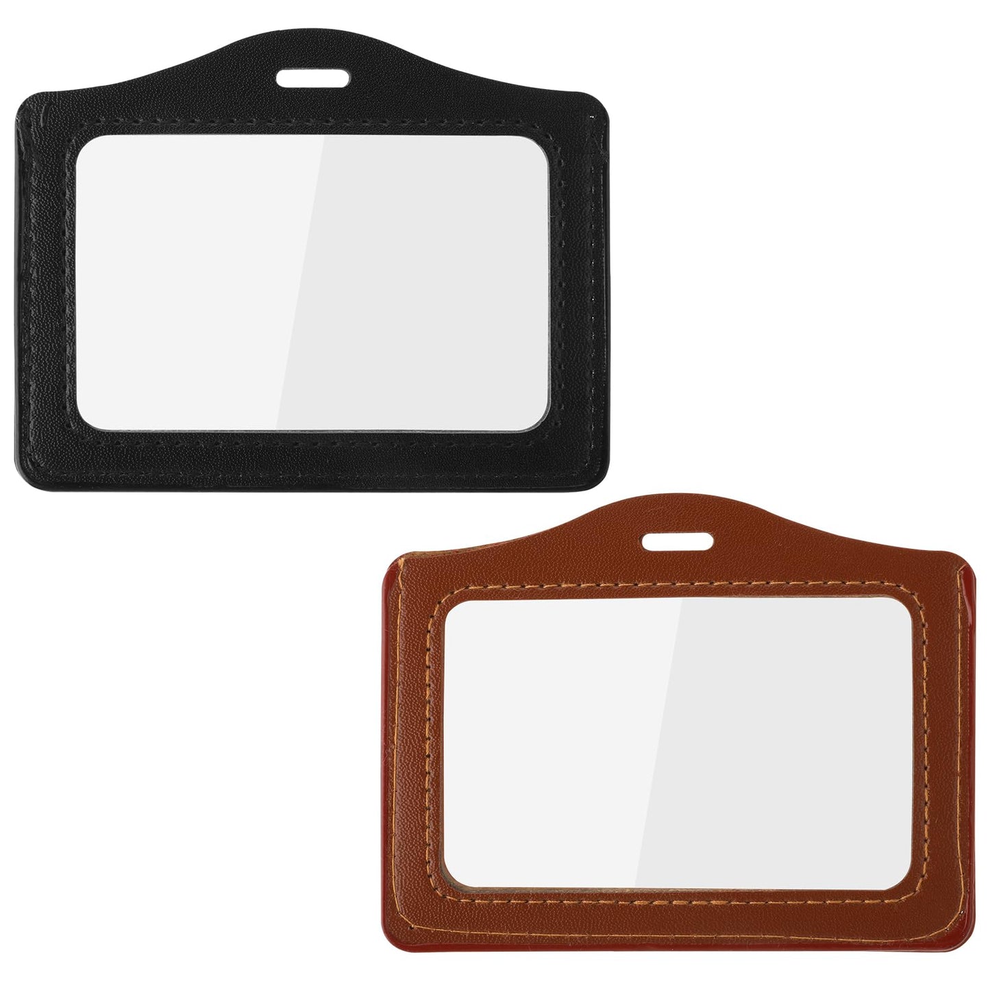 Leather ID Badge Holder 2Pcs Double Sided PU Leather Name Badge Holder Horizontal Clear Card Holder Plastic Card Protector for School Students Office Staff (Black&Brown)