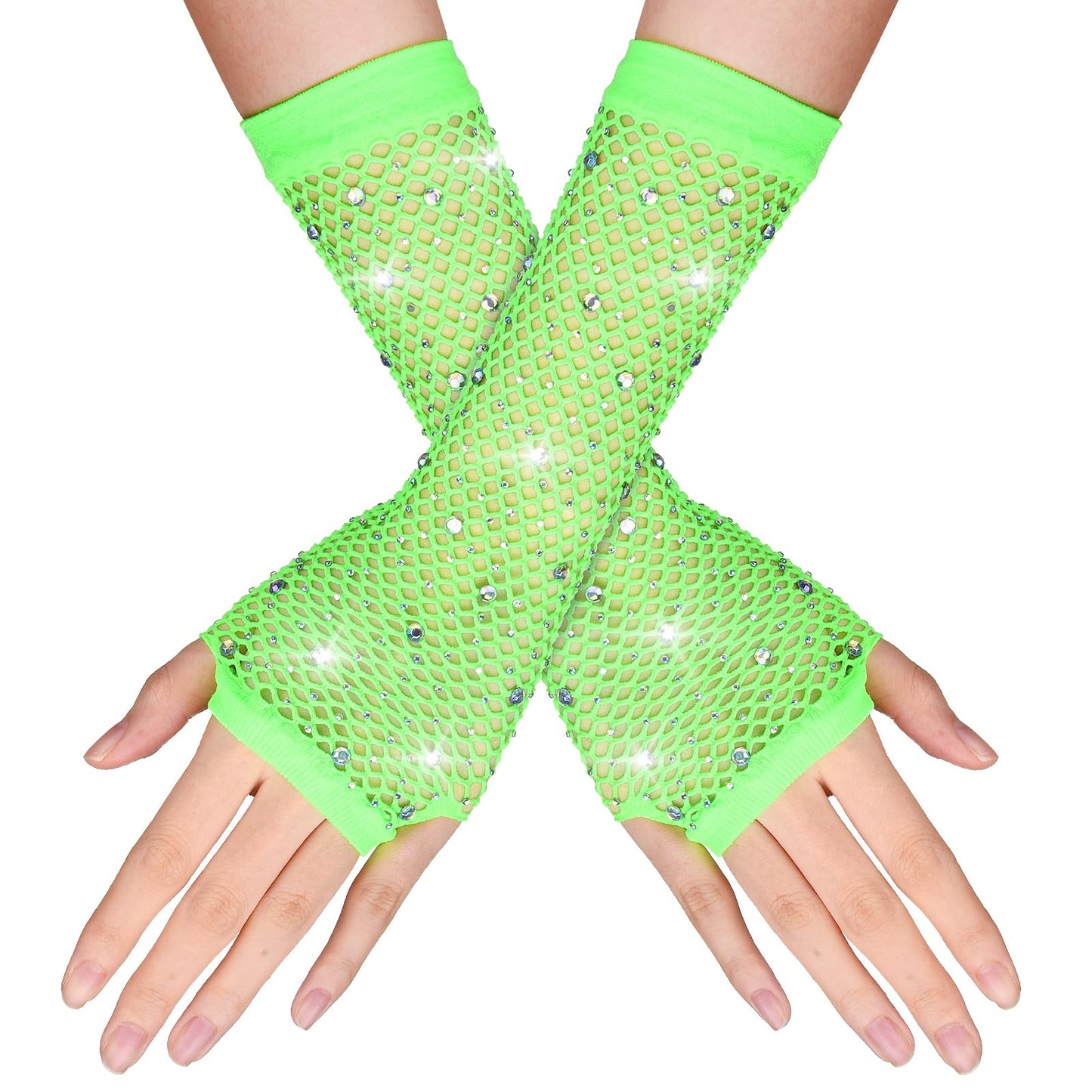 Yolev Rhinestones Long Fishnet Fingerless Gloves Sparkly Glitter Fish Net Gloves for 80s Fancy Dress Party Costume (Fluorescent Green)