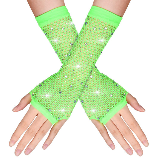 Yolev Rhinestones Long Fishnet Fingerless Gloves Sparkly Glitter Fish Net Gloves for 80s Fancy Dress Party Costume (Fluorescent Green)