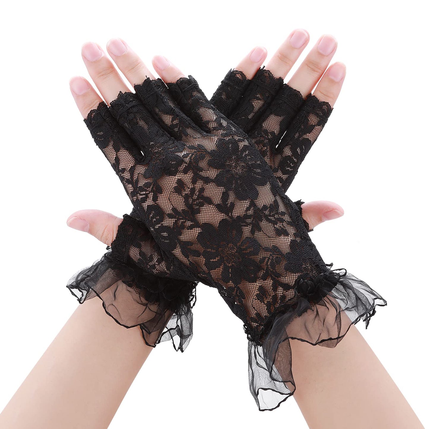 Yolev Ladies Lace Gloves Sunblock Bridal Lace Gloves Courtesy Summer Gloves for Wedding Opera Dinner Tea Parties (Black)