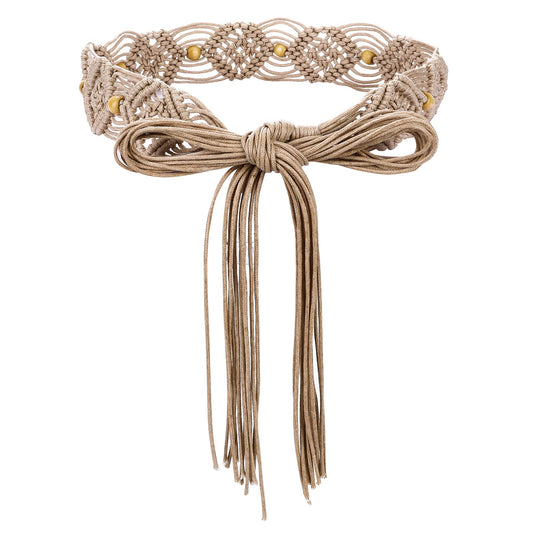 Yolev Boho Belts for Women Khaki Wide Woven Belt with Wooden Beads Rope Braid Fringe Belt One Size