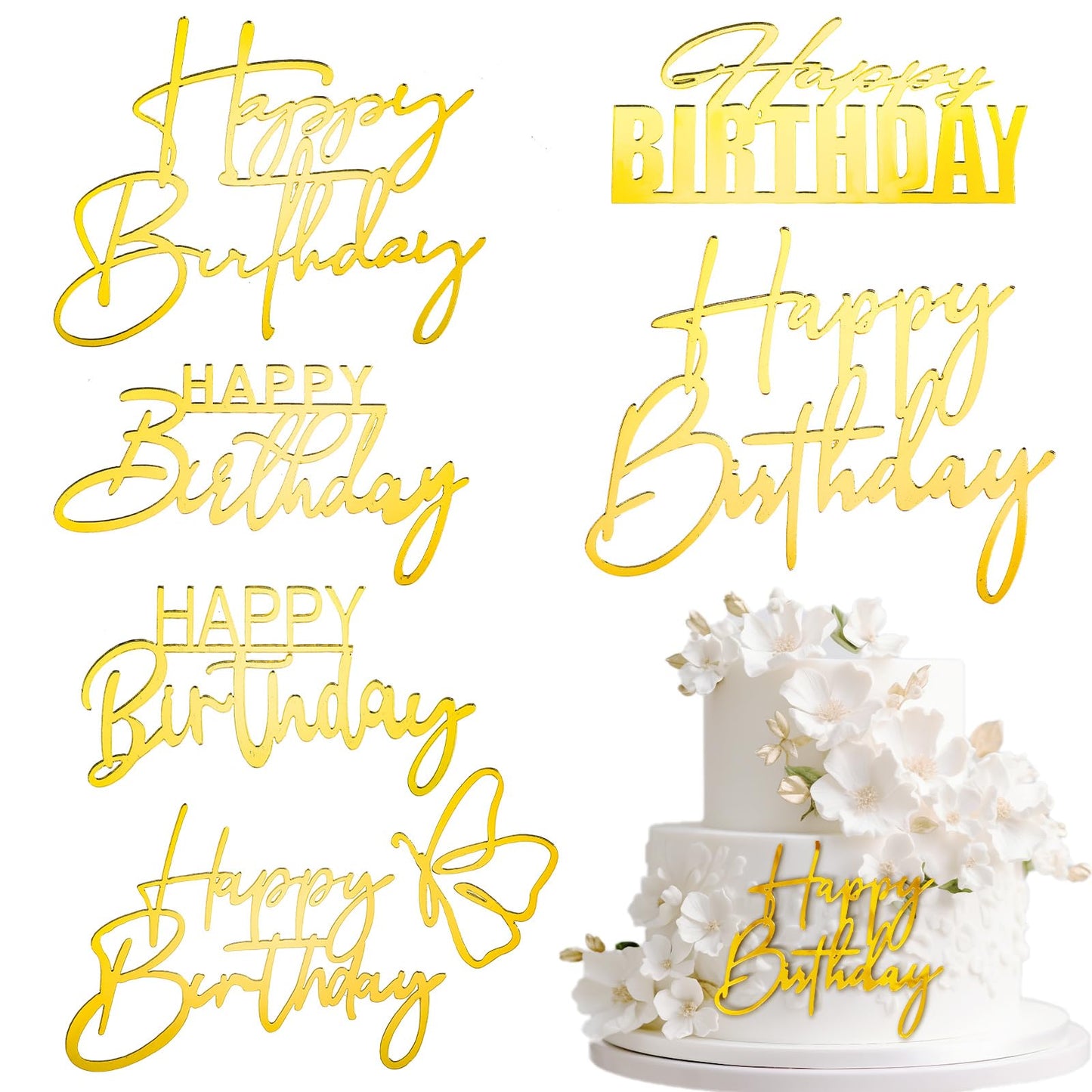 6 pcs Happy Birthday Cake Toppers Gold Cake Decorations Mirror Acrylic Cake Topper Side Cake Decorations Gold Cake Inserts for Birthday Party Cake Desserts Pastries