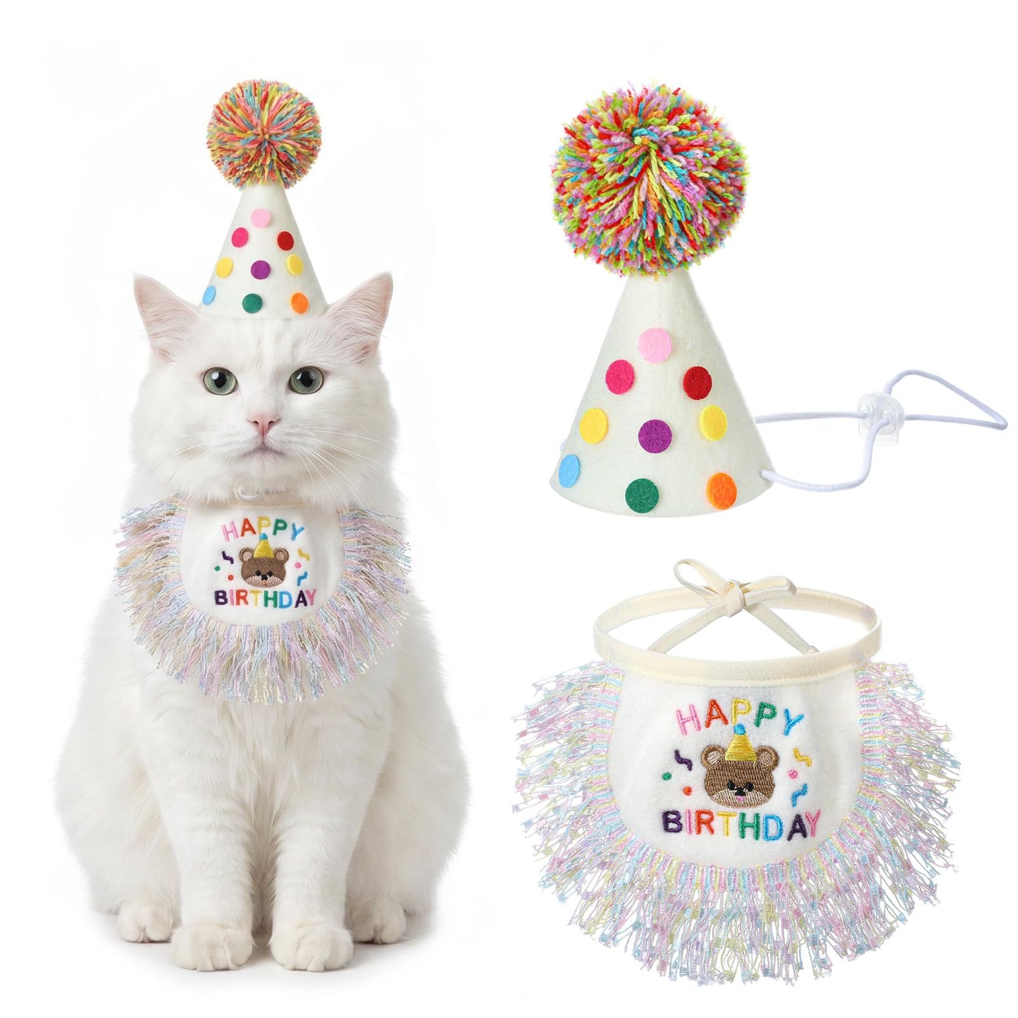 Cat Birthday Hat Bandana Outfit Set - Cute Polka Dot Cat Party Hat and Tassels Bib Scarf Birthday Party Decorations for Small Medium Cats & Doggy