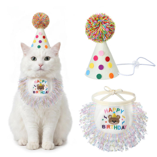 Cat Birthday Hat Bandana Outfit Set - Cute Polka Dot Cat Party Hat and Tassels Bib Scarf Birthday Party Decorations for Small Medium Cats & Doggy