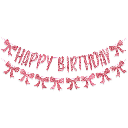 Lusofie Bow Happy Birthday Banner Pink Birthday Banner Glitter Bow Birthday Banners For Coquette Birthday Decorations Pink Bow Party Decorations