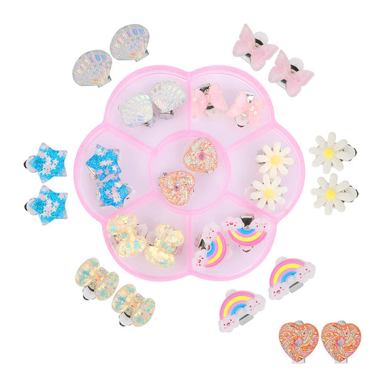 7 Pairs Clip On Earrings for Girls No Pierced Design Earrings for Kids Bling Resin Acrylic Princess Play Earrings Set with a Box