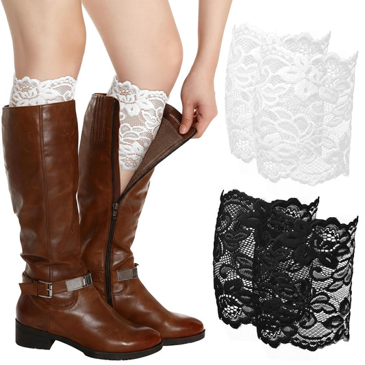 Tucnoeu 2 Pairs Elegant Lace Boot Cuffs for Women - Stretchy Lace Leg Warmers Socks Topper Cuff (Black & White)