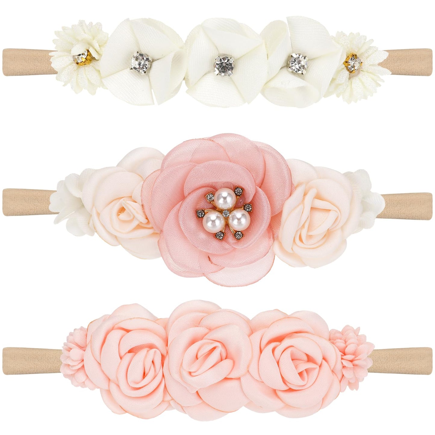 Lusofie 3Pcs Baby Girl Nylon Headbands Floral Infant Flower Elastic Hair Band Bows Wraps for Newborn Toddler Hair Accessorie