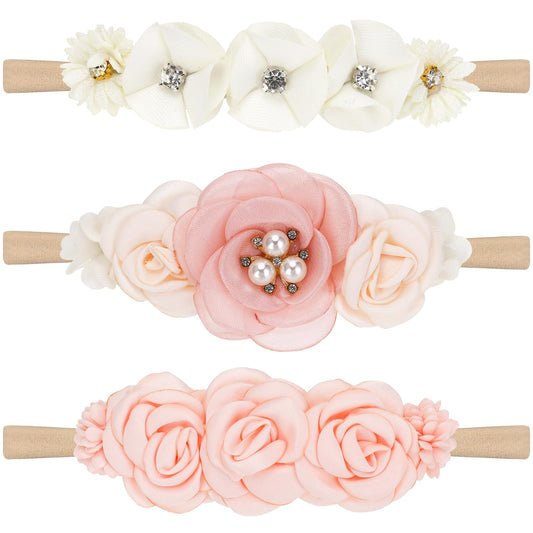 Lusofie 3Pcs Baby Girl Nylon Headbands Floral Infant Flower Elastic Hair Band Bows Wraps for Newborn Toddler Hair Accessorie