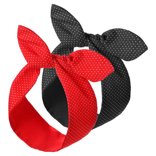 HaiFafafaing 2PCS Polka Dot Headbands Bandana Headband, Vintage Bowknot Polka Dot Wire Hair Headbands for Women 1950s Costume Hair Accessories(Black,Red)