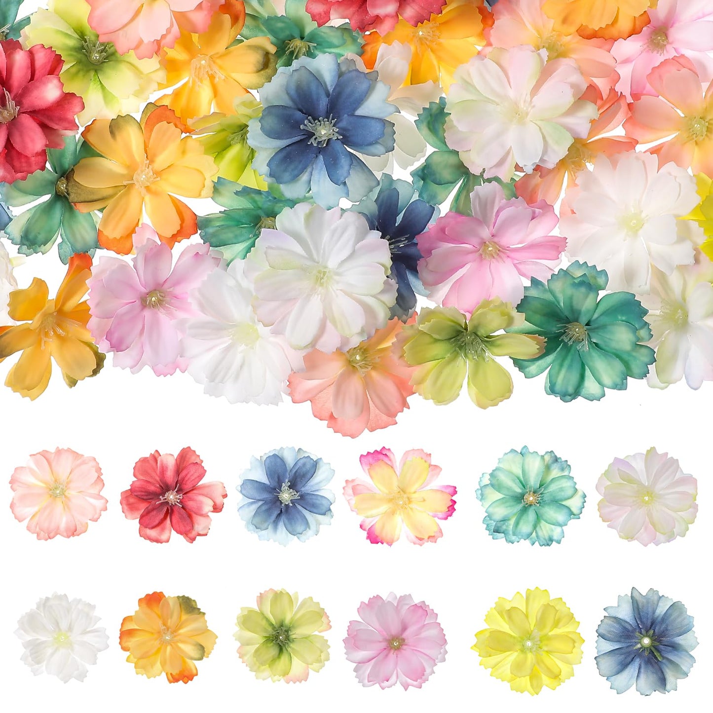 Telooco Faux Flower Heads 50Pcs Bulk Small Fake Flowers for Crafts Artificial Flowers Daisy Peony Mini Silk Flower Heads for Wedding Hair Cap Dresses Decorations
