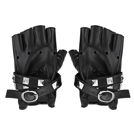 HaiFafafaing Leather Black Fingerless Gloves, Black Punk Gloves for Women Driving, Cycling, Sports, Cosplay, Performance, Halloween