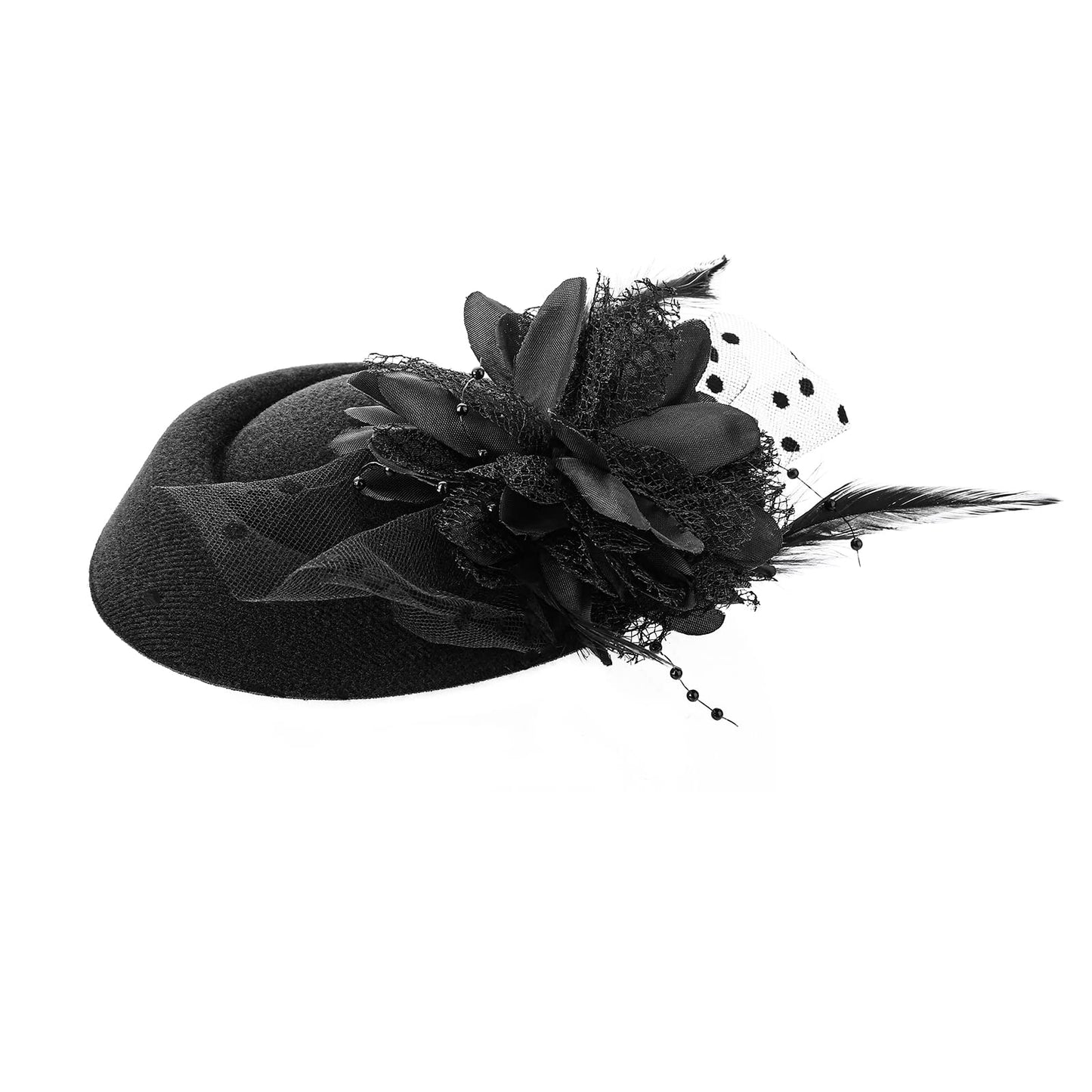 Round Pillbox Hat Fascinator Hat Women's Fascinator Church Wedding Cocktail Hat Veil Flower Fedoras with Hair Clip for Wedding Black