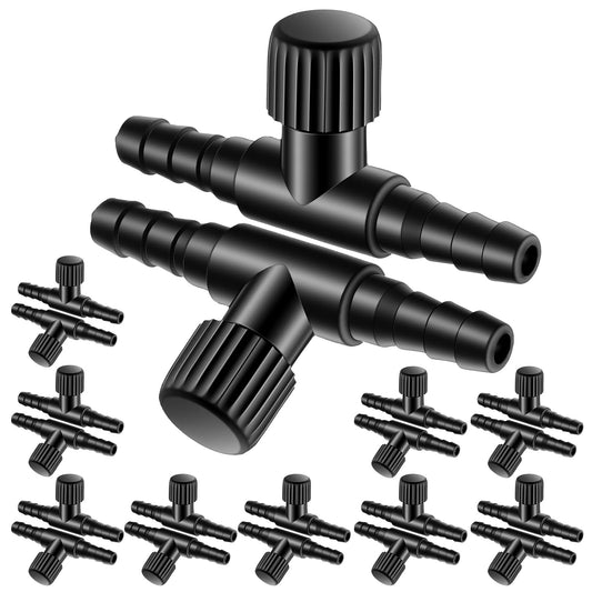 Fiyooau 20pcs Aquarium Air Valve, Black PP Material, Single Way T-Shaped Air Flow Control Regulator for Fish Tank, 3/16" ID Tubing, Easy Installation, Sturdy and Lightweight