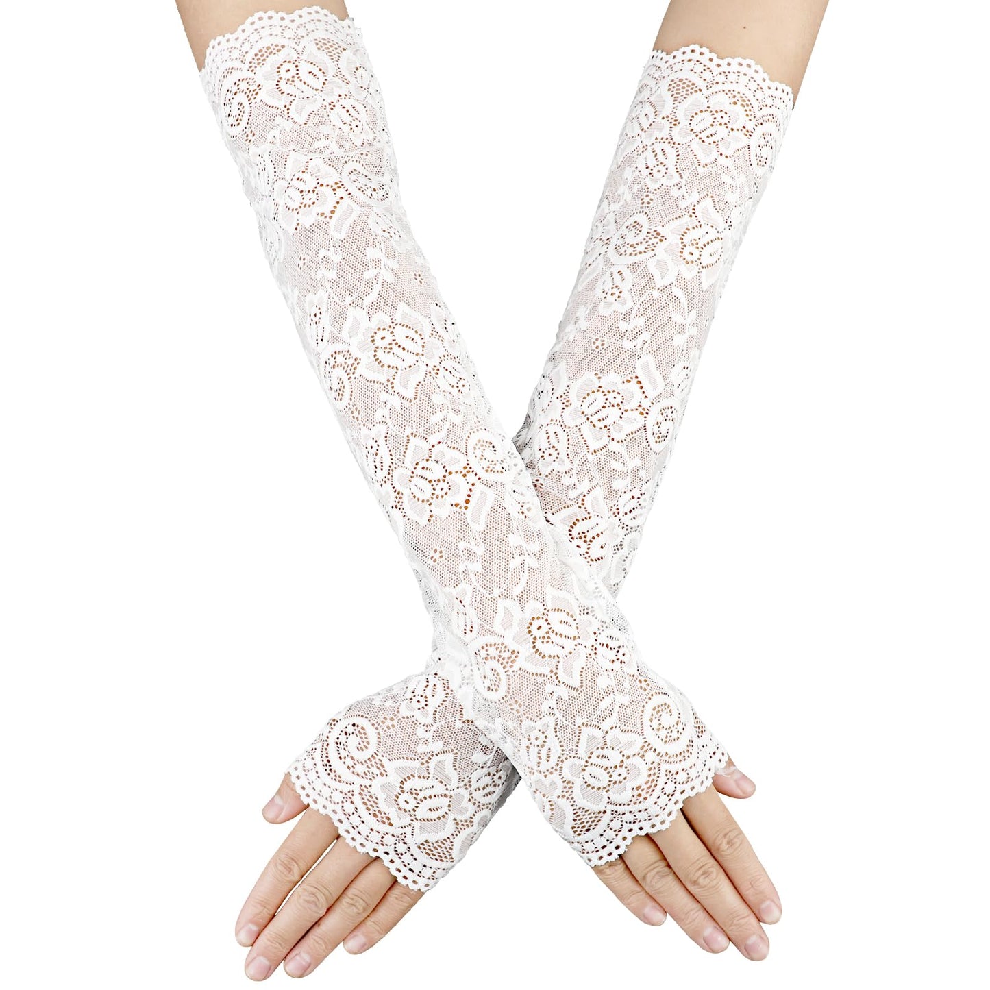 Women's Long Lace Fingerless Gloves Elbow Length Floral Lace Arm Sleeves Gloves Long Lace Floral Gloves for Tea Party (White)