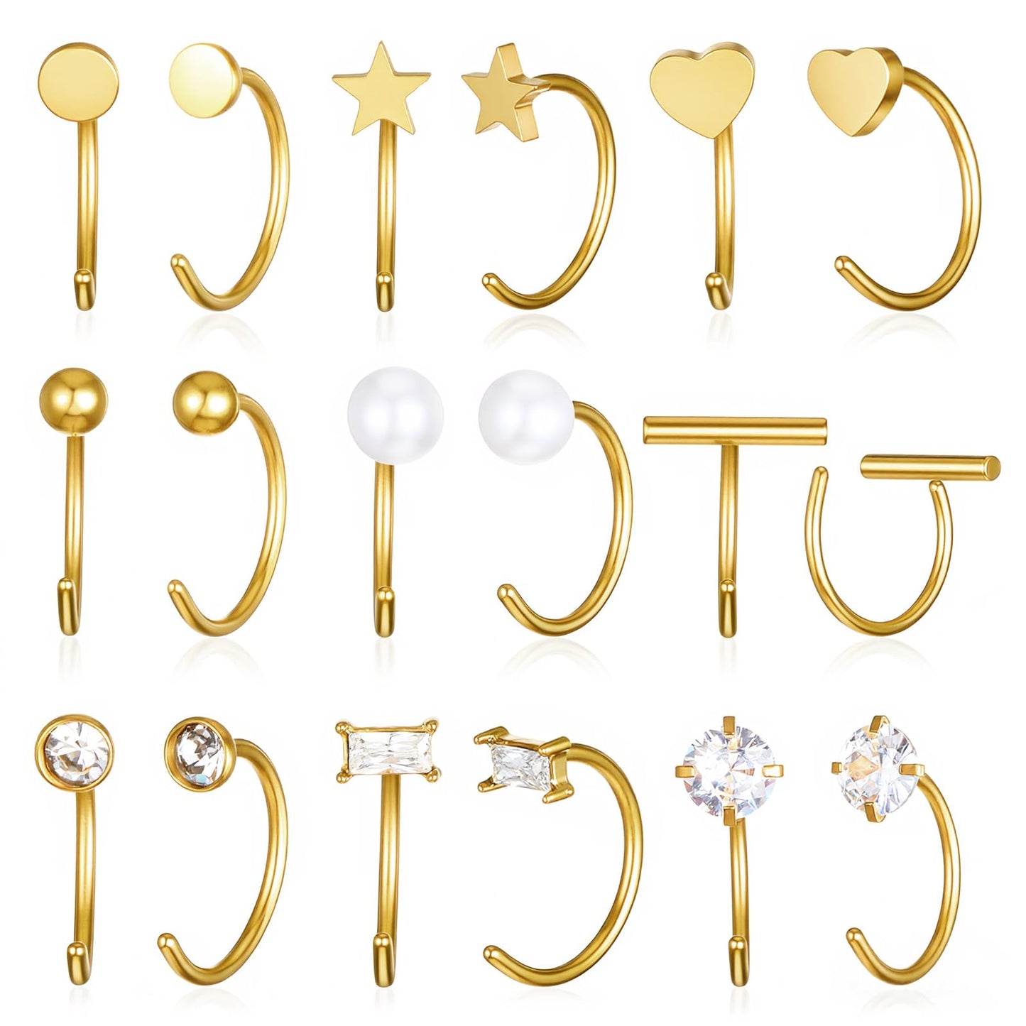 9 Pairs Gold Half Huggie Hoop Earrings Stainless Steel Cartilage Helix Open Hugging Earrings Trendy Small Huggie Hoop Earring Rhinestone Pearl Jewelry Set for Women