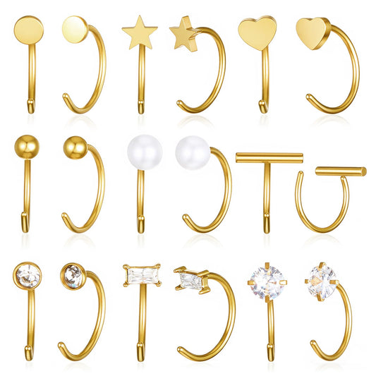 9 Pairs Gold Half Huggie Hoop Earrings Stainless Steel Cartilage Helix Open Hugging Earrings Trendy Small Huggie Hoop Earring Rhinestone Pearl Jewelry Set for Women