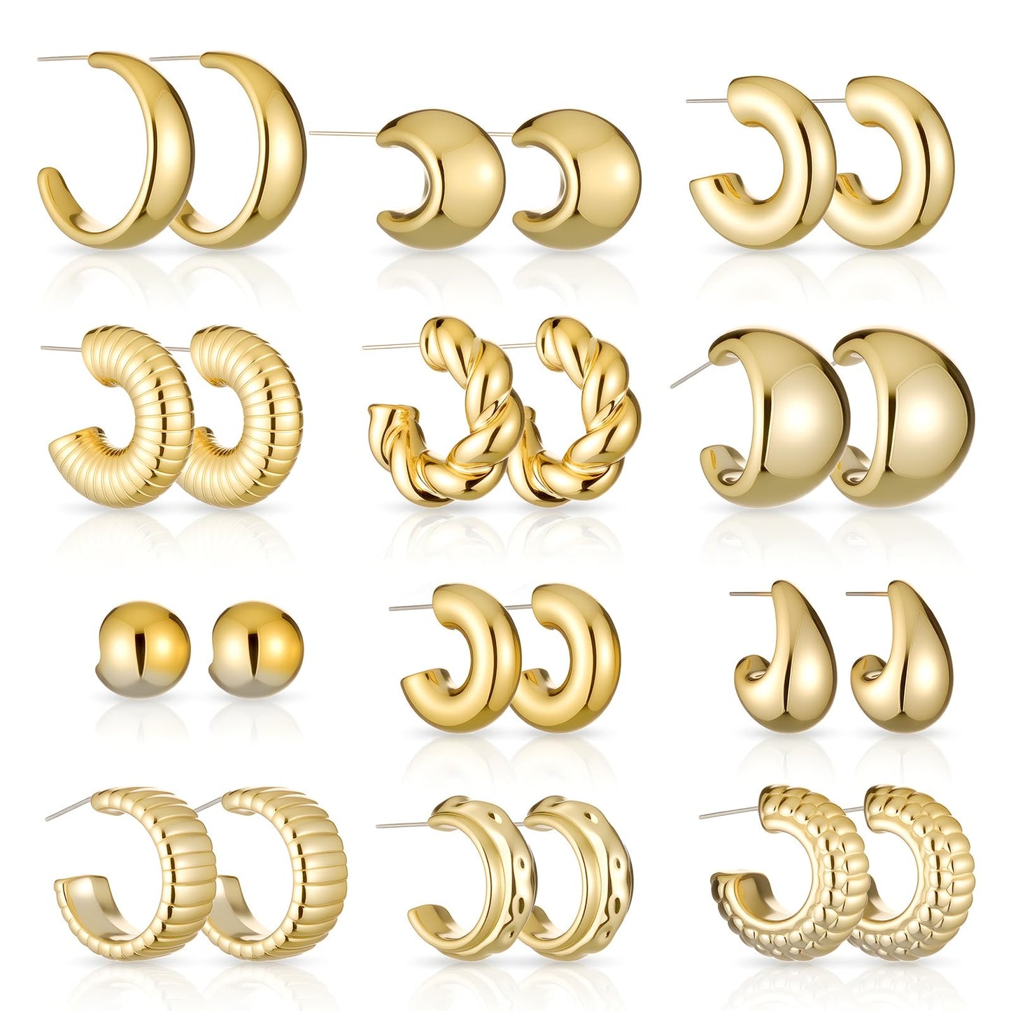 12 Pairs Gold Hoop Earrings, Chunky Hoop Earrings Set for Women, Trendy Lightweight, Gold Plated Earring, 12 Styles