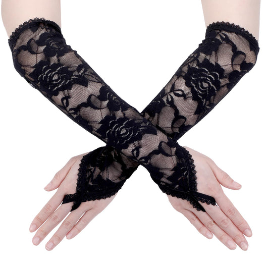Lusofie Long Black Gloves,Black Lace Gloves,Black Lace Gloves,Black Gloves Stretchy Fancy Long Elbow Length Gloves Fingerless Gloves for Women Ladies and Girls Evening Wedding Tea Party Prom