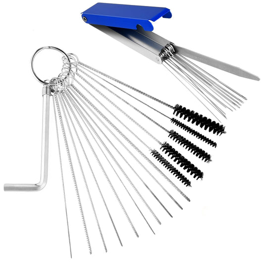 Carburetor Cleaning Kit Welding Tip Cleaner Carburetor Carbon Dirt Jet Remove Cleaner, 5 Nylon Brushes + 10 Cleaning Needles +1 Small Wrench + Stainless Steel 13 Cleaning Wires Set