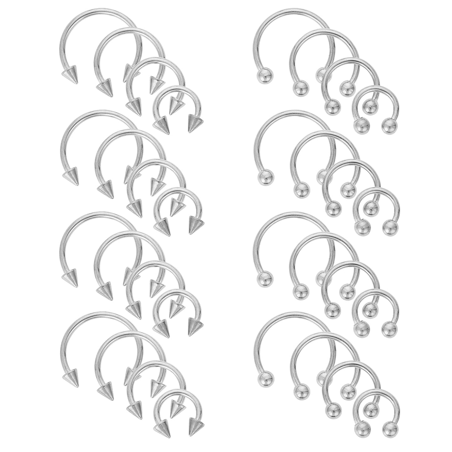 Yolev 32Pcs Horseshoe Rings Surgical Steel 16G Variety of Sizes Nose Septum Horseshoe Hoop Earring Eyebrow Earring Hoop Lip Horseshoe Piercing for Women Men, silver