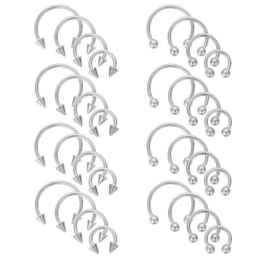 Yolev 32Pcs Horseshoe Rings Surgical Steel 16G Variety of Sizes Nose Septum Horseshoe Hoop Earring Eyebrow Earring Hoop Lip Horseshoe Piercing for Women Men, silver