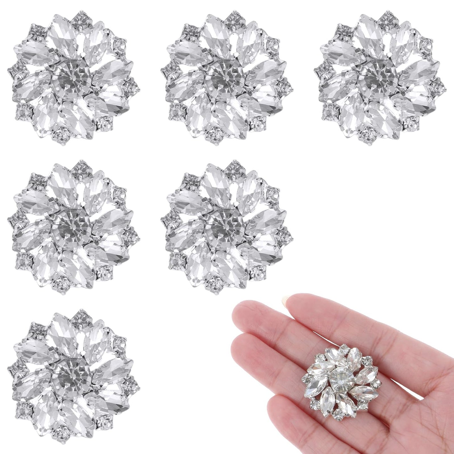 6 Pcs Rhinestone Buttons 26.5 Mm Sparkle Embellishments Snowflake Silver Rhinestone Buttons for Crafts Crystal Flower Sew on Clothing Button for DIY Jewelry Making Bridal Bouquet Wedding Decoration
