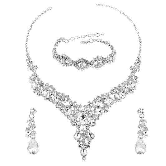 DIVINA VITAE Silver Jewelry Set for Women Formal Wedding Party Prom Rhinestone Teardrop Necklace Earrings Bracelets Sets Sparkly Crystal Statement Necklace for Bridal Bridesmaid Dress