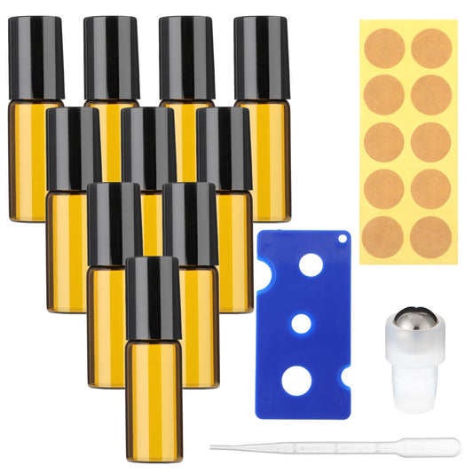 Tucnoeu 10pcs Roller Ball Bottles for Essential Oils,5ml Amber Glass Roller Ball Bottle,Empty Roller Ball Bottles with Stainless Steel Roller Balls(Opener,Dropper,10 Labels Included)