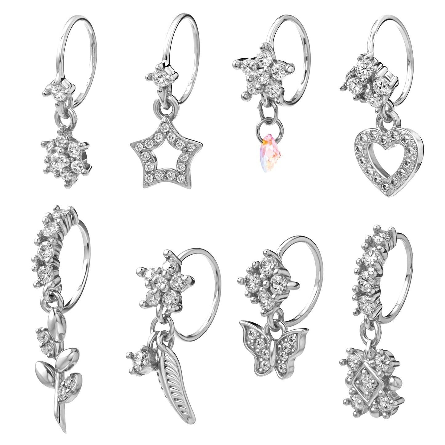 Tucnoeu 8 Pcs Dangle Nose Rings Hoop for Women,Silver Hoop Nose Rings,Butterfly Star Heart Star Cz Flower Leaf Dangly Hoops Silver