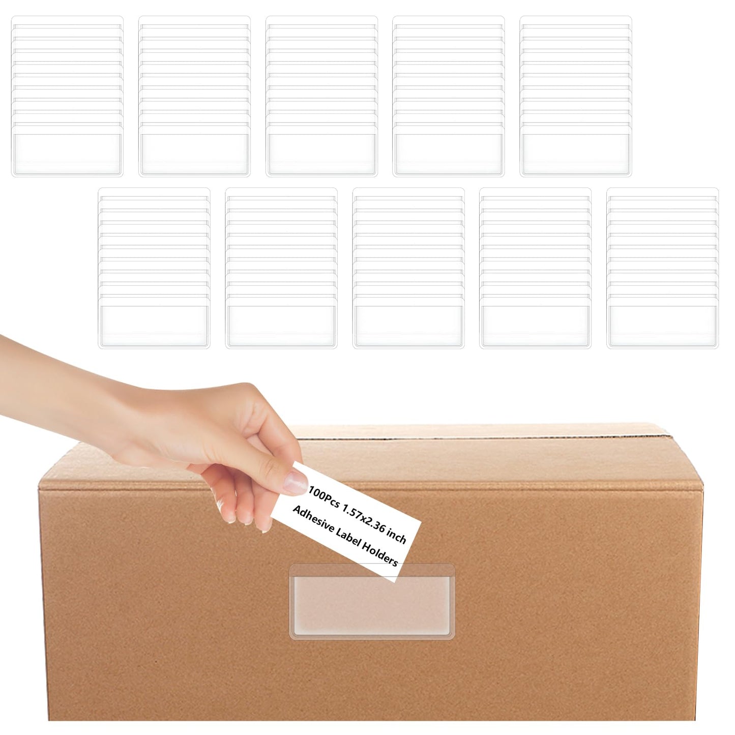 100Pcs Label Holders Adhesive Shelf Tag Clear Plastic Pockets Label Sleeves File Cabinet Storage Bins Label Holder for School Library Supplies(1.57 x 2.36inch)