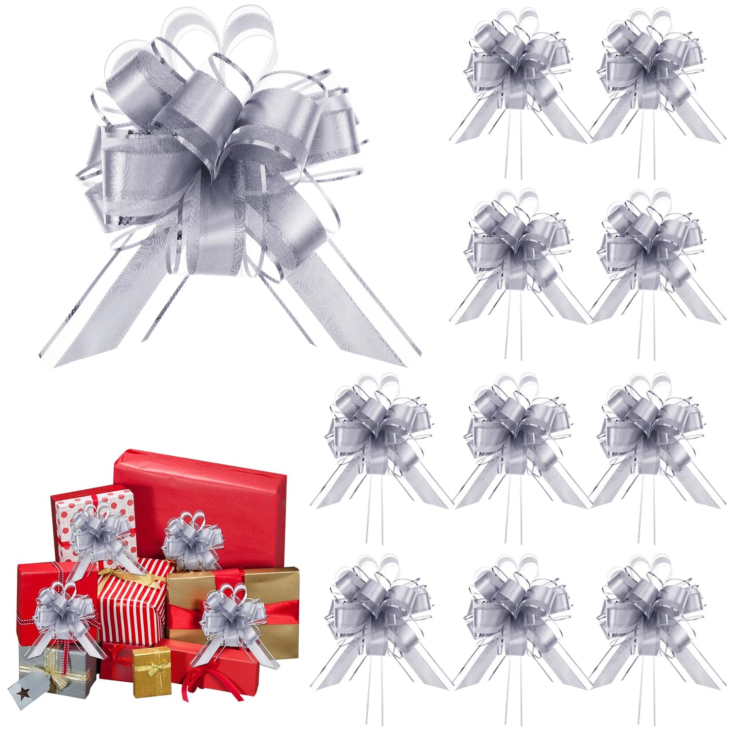 10 Pcs Bows for Gift Wrapping 6 Inches Pull Bows for Gift Wrapping Ribbon Bows Gift Wrapping Supplies for Gift Baskets Birthday Christmas Flower Bouquets Gift Wrapping(Silver)