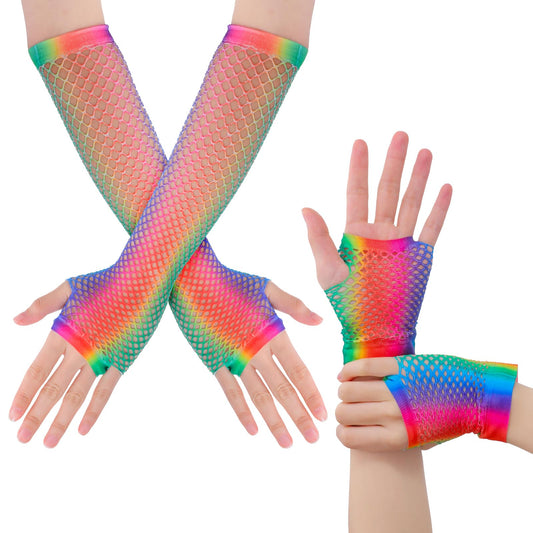 Lusofie 2 Pairs Rainbow Fingerless Gloves Long Fishnet Mesh Gloves 80s 90s Accessories for Women Short Fishnet Gloves Rave Accessories Cosplay Costume Rainbow Accessories for Party