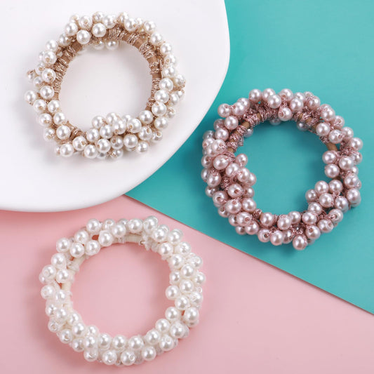Lusofie 3 Pcs Pearl Hair Ties Elastic Beaded Scrunchie Pearls Ponytail Holders Beaded Hair Ties Pearl Hair Accessories for Women Girls