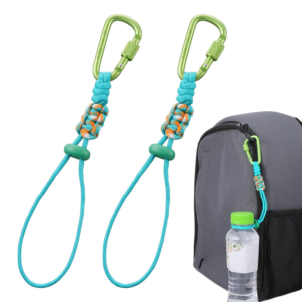 2Pcs Paracord Water Bottle Carrier Clip with Locking Carabiner for Backpack