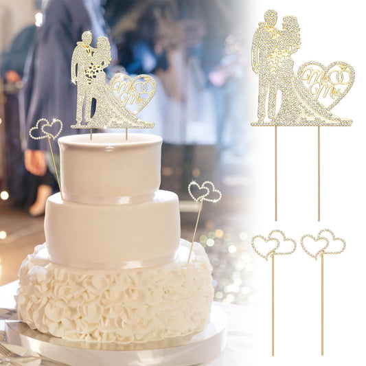 Golden Rhinestone Wedding Cake Topper - Handcrafted Metal Bride and Groom Cake Decorations for Wedding Bridal Shower