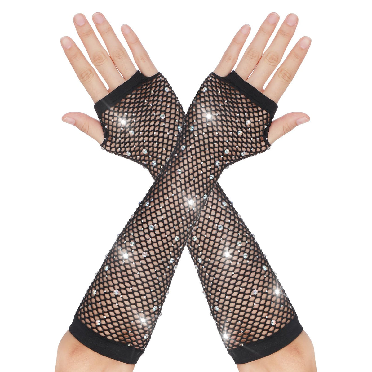 Ziuohaa Long Fishnet Arm Sleeves - Fingerless Fishnet Gloves With Rhinestone for Women Girls 80s Halloween Scene Accessories, Black, One Size